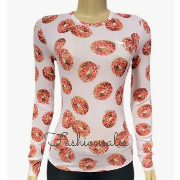 Victoria’s Secret Pink Cozy Sleep long sleeve Donuts print pajama top ONLY Xs - Picture 4 of 4